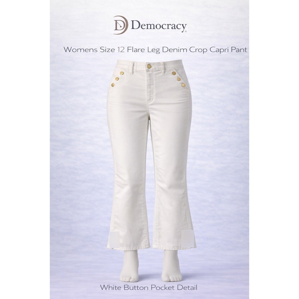 Democracy Womens Size 12 Flare Leg Denim Crop Capri Pant‎ White Button Detail